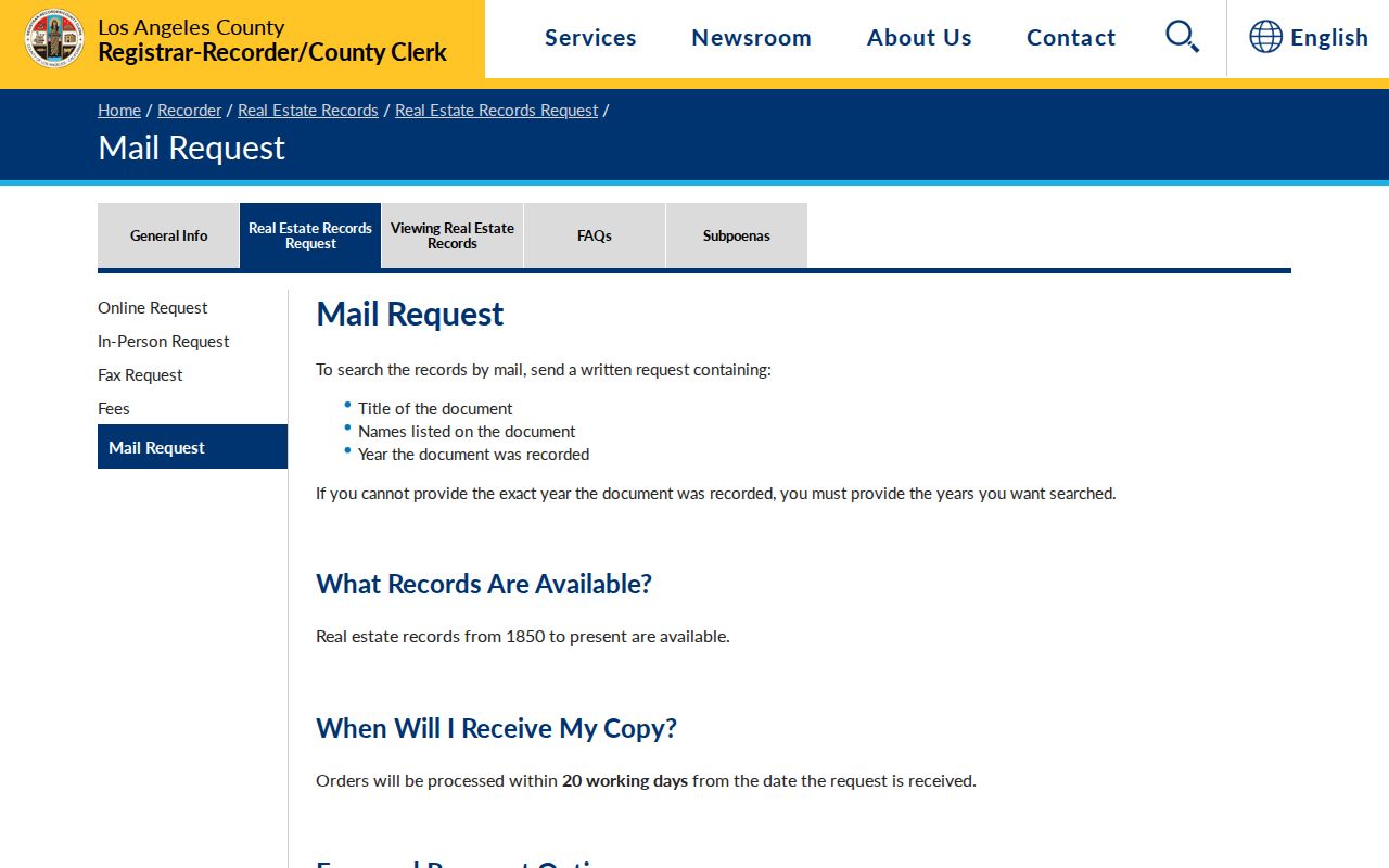 Pomona previous residents view of the Los Angeles County recorder mail search request